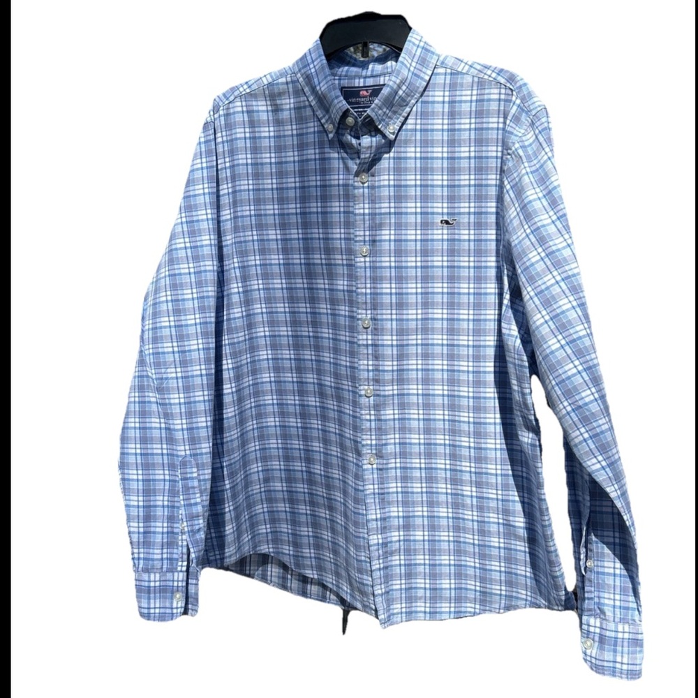 Vineyard Vines Shirt Mens XL Plaid Blues Long Sleeve Cotton Collar Slim Fit